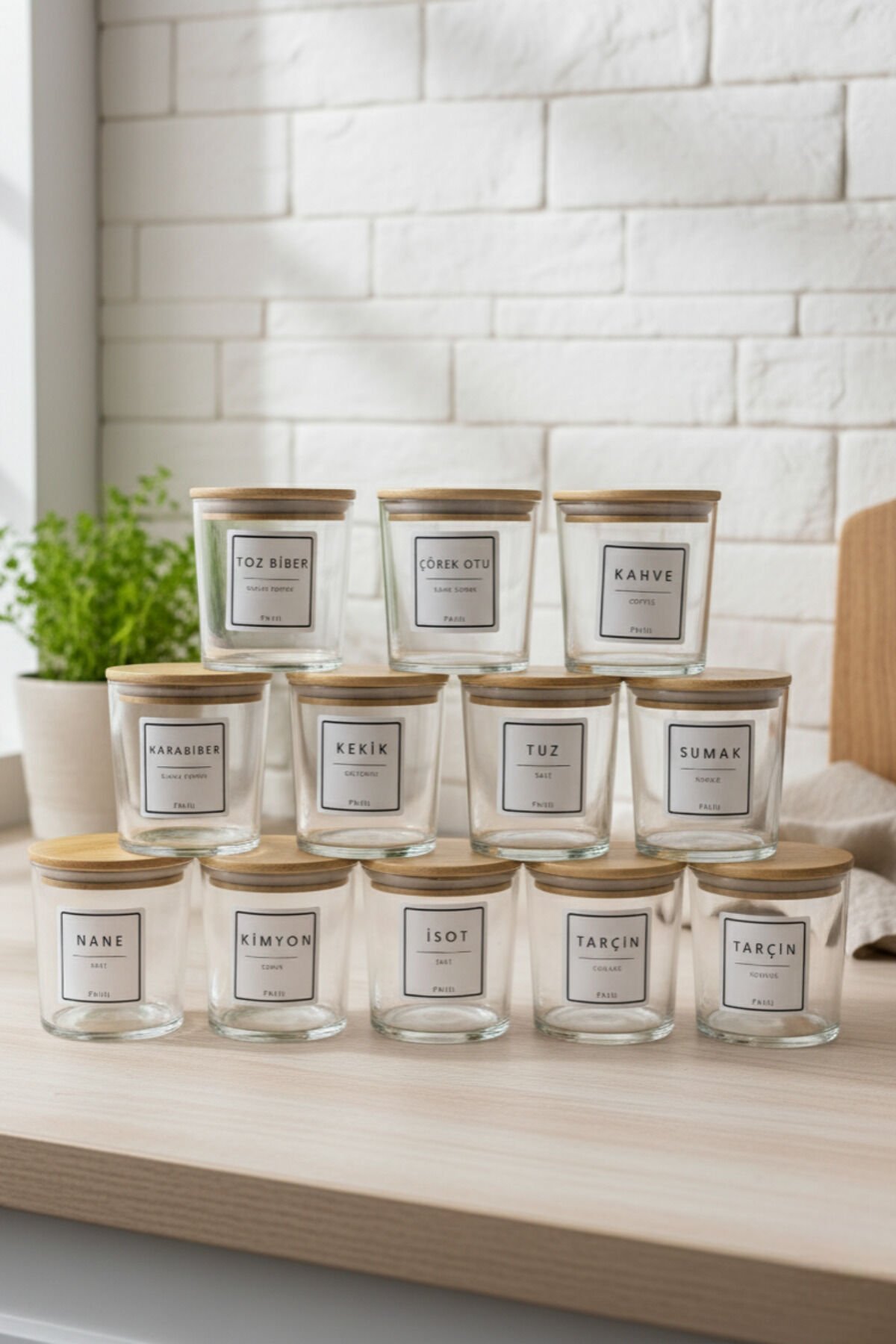 Nova - 12'li Bambu Vakum Kapaklı Etiket Hediyeli Cam Saklama Kabı Baharatlık Seti 350 ml