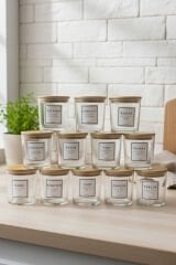 Nova - 12'li Bambu Vakum Kapaklı Etiket Hediyeli Cam Saklama Kabı Baharatlık Seti 350 ml