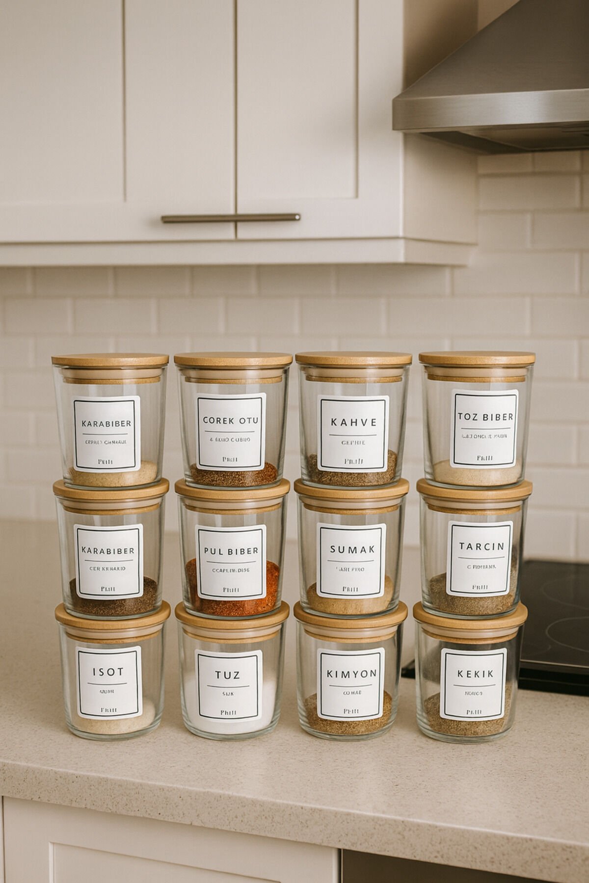 Nova - 12'li Bambu Vakum Kapaklı Etiket Hediyeli Cam Saklama Kabı Baharatlık Seti 350 ml