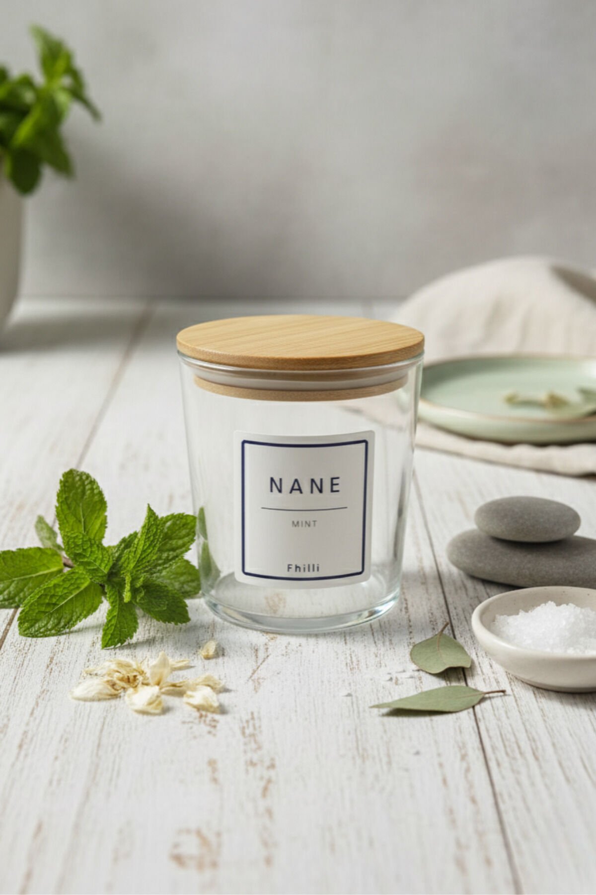 Nova - 4'lü Bambu Vakum Kapaklı Etiket Hediyeli Cam Saklama Kabı Baharatlık Seti 350 ml