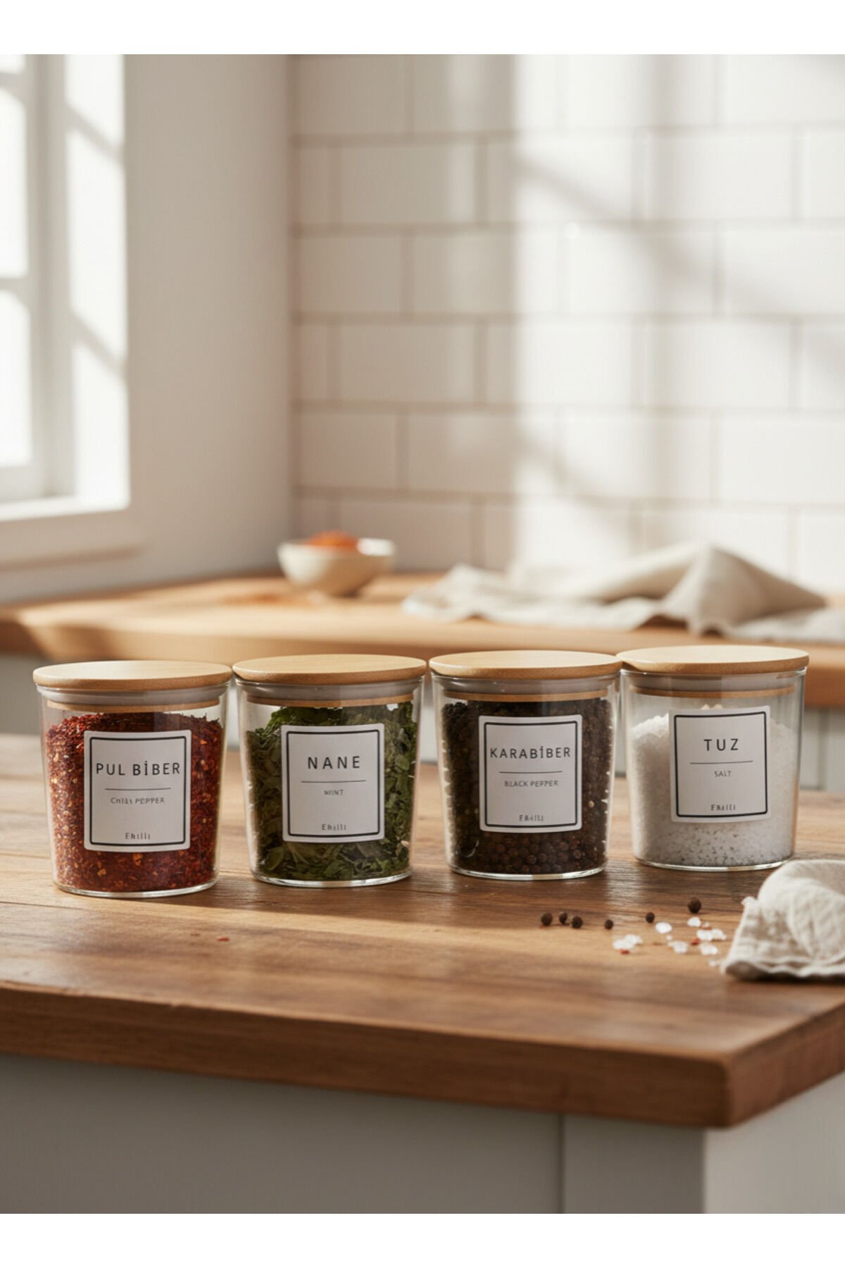 Nova - 4'lü Bambu Vakum Kapaklı Etiket Hediyeli Cam Saklama Kabı Baharatlık Seti 350 ml