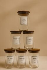 Motto Plus - 6'lı Tulip Ağacı Vakum Kapaklı Etiketli Cam Saklama Kabı Baharatlık Seti 400 ml