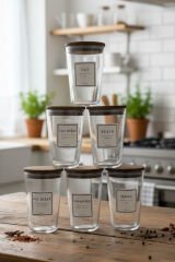 Motto Plus - 6'lı Tulip Ağacı Vakum Kapaklı Etiketli Cam Saklama Kabı Baharatlık Seti 400 ml