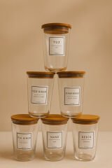 Motto Plus - 6'lı Çam Ağacı Vakum Kapaklı Etiketli Cam Saklama Kabı Baharatlık Seti 400 ml