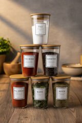 Motto Plus - 6'lı Çam Ağacı Vakum Kapaklı Etiketli Cam Saklama Kabı Baharatlık Seti 400 ml