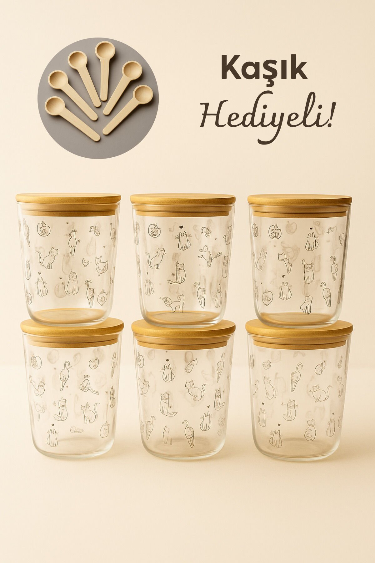 Motto - 6'lı Bambu Vakum Kapaklı Kedi Desenli Kaşık Hediyeli Cam Saklama Kabı Baharatlık Seti 315 ml