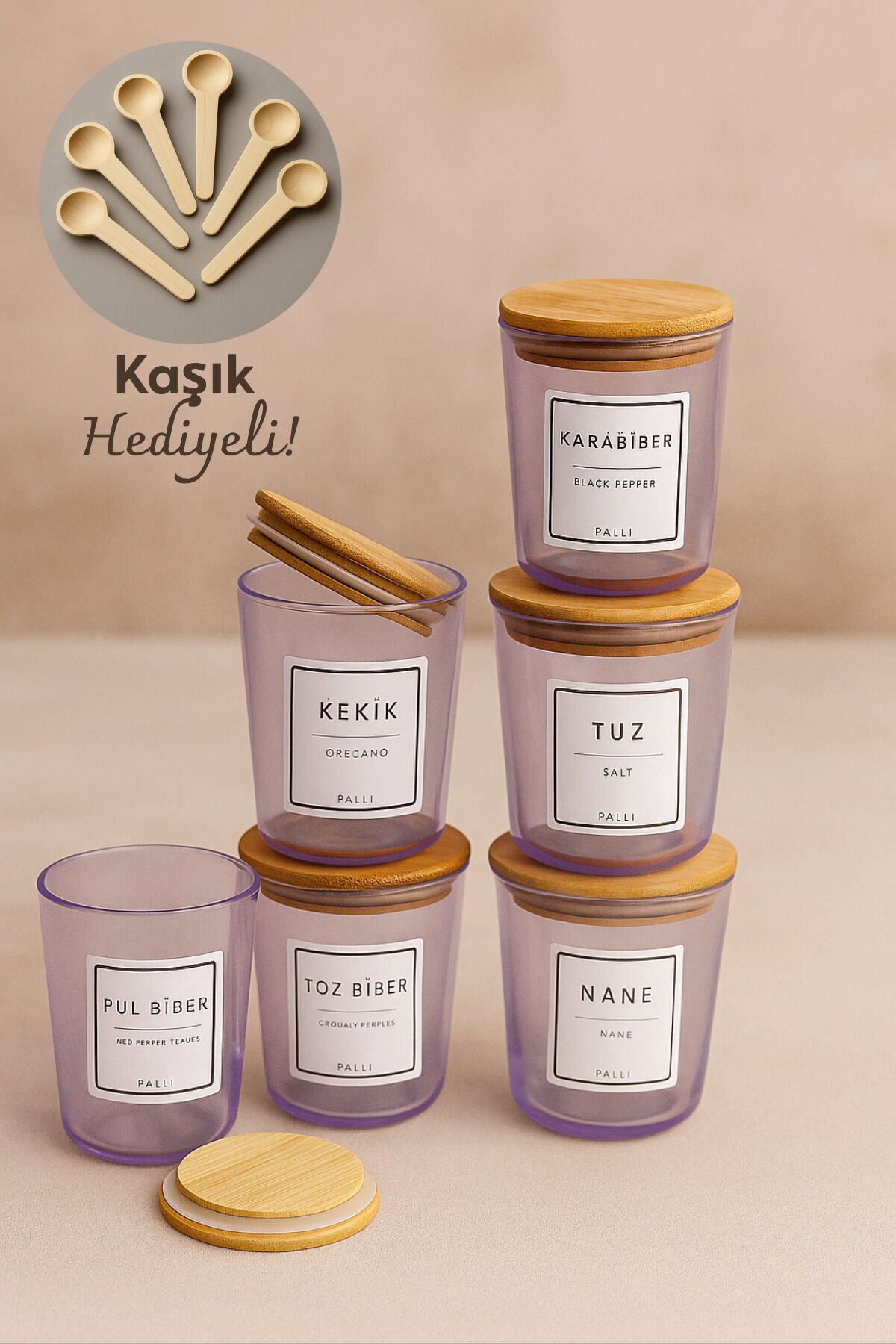 Motto - 6'lı Bambu Vakum Kapaklı Kaşık, Etiket Hediyeli, Mor Cam Saklama Kabı Baharatlık Seti 315 ml