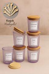 Motto - 6'lı Bambu Vakum Kapaklı Kaşık, Etiket Hediyeli, Mor Cam Saklama Kabı Baharatlık Seti 315 ml