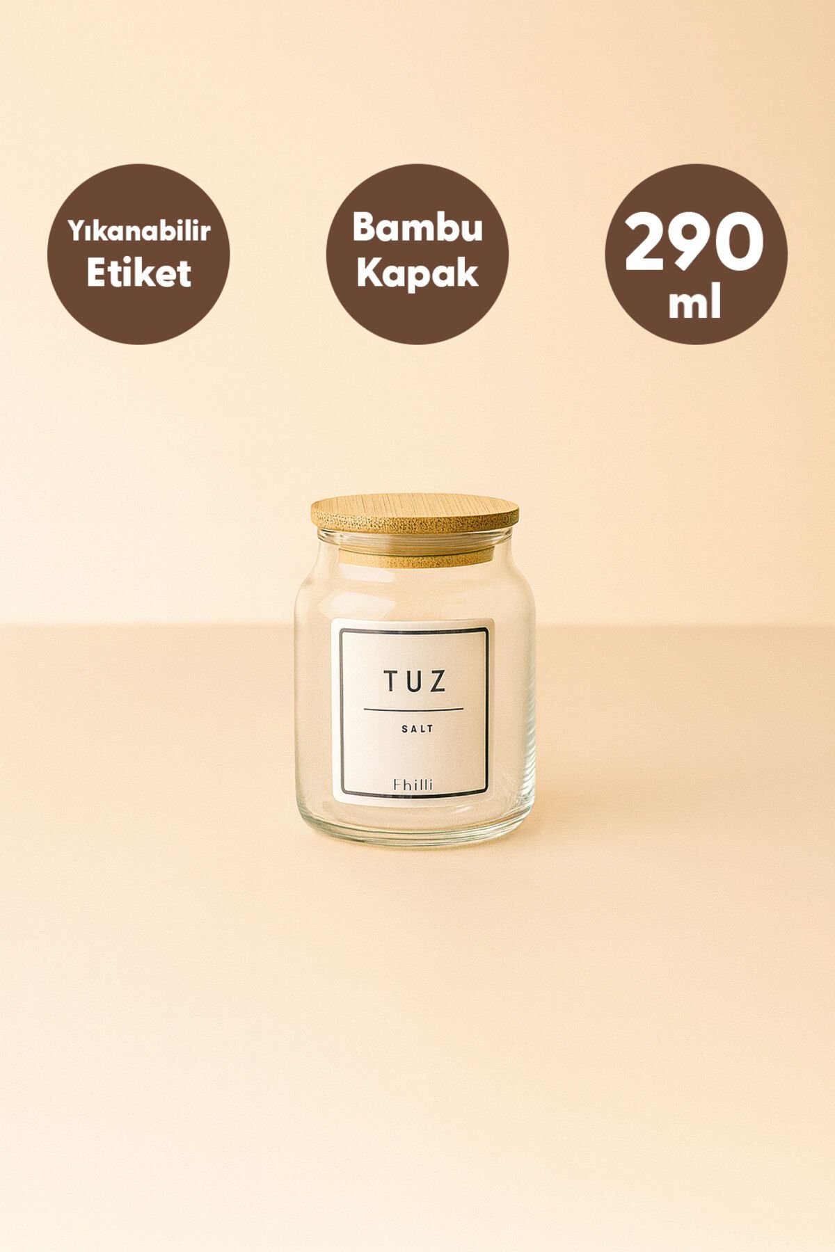 Zenith - 6'lı Bambu Vakum Kapaklı Kaşık ve Etiket Hediyeli Cam Saklama Kabı Baharatlık Seti 290 cc