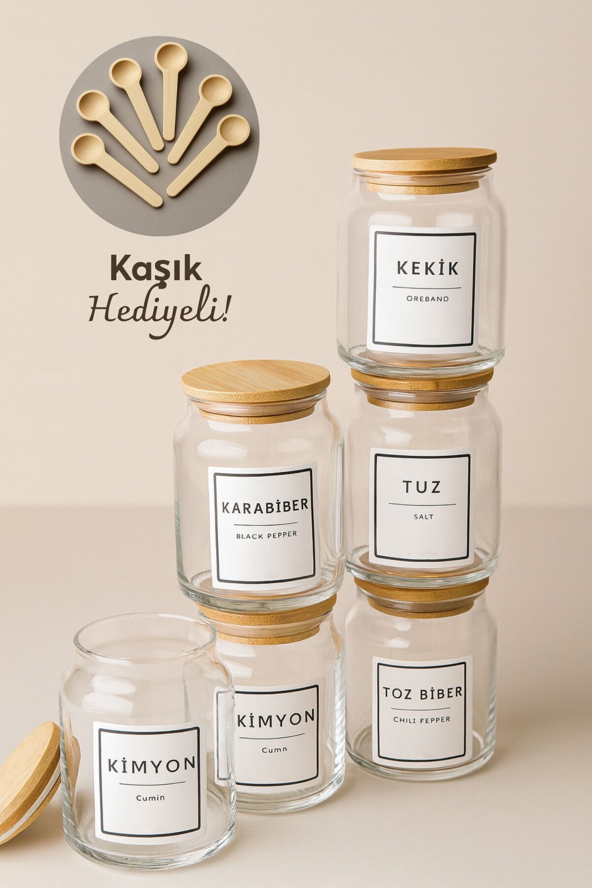 Zenith - 6'lı Bambu Vakum Kapaklı Kaşık ve Etiket Hediyeli Cam Saklama Kabı Baharatlık Seti 290 cc