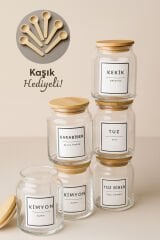 Zenith - 6'lı Bambu Vakum Kapaklı Kaşık ve Etiket Hediyeli Cam Saklama Kabı Baharatlık Seti 290 cc
