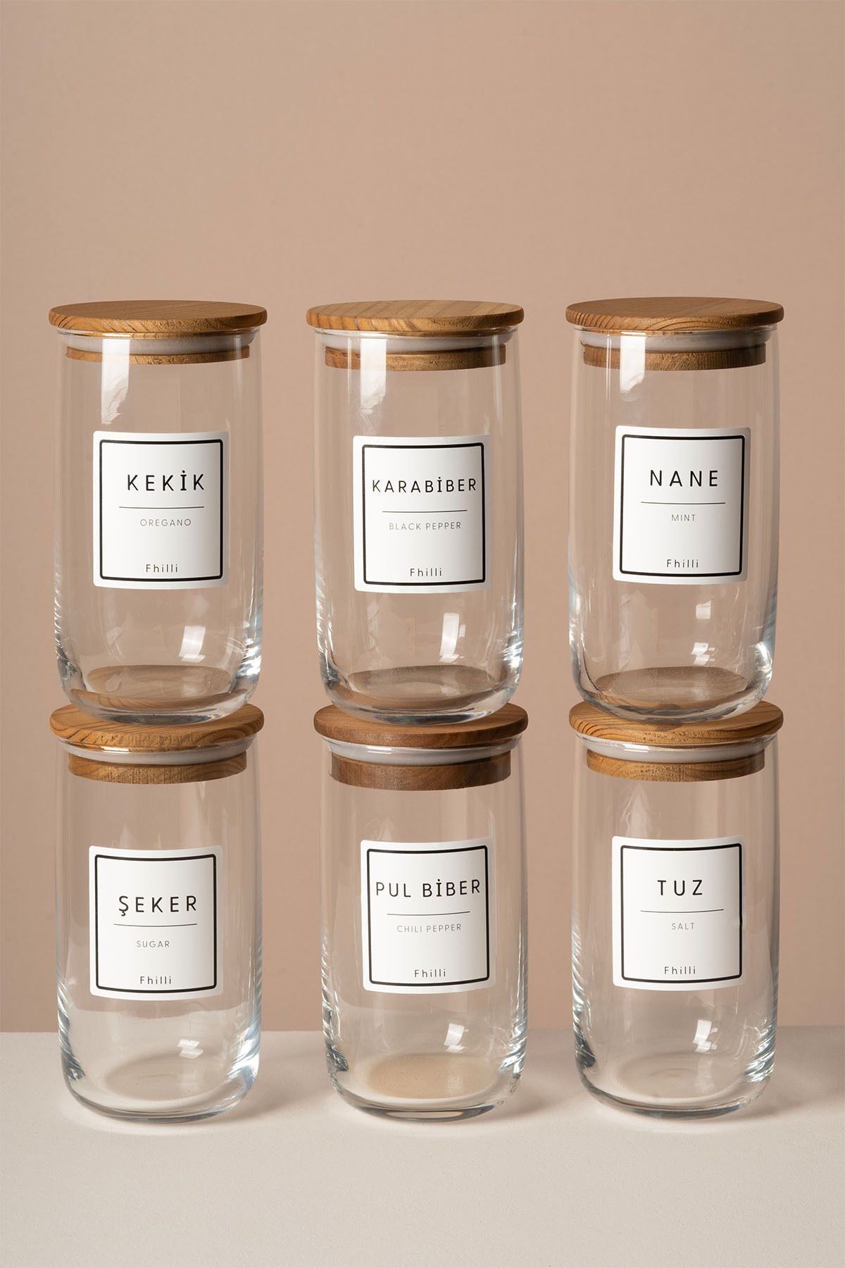 Terra - 6'lı Çam Ağacı Vakum Kapaklı Etiket Hediyeli Cam Saklama Kabı Baharatlık Seti 365 ml