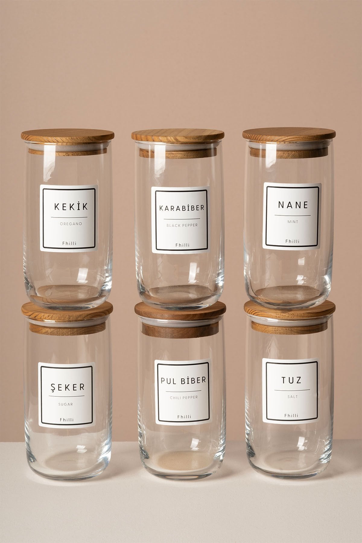 Terra - 6'lı Çam Ağacı Vakum Kapaklı Etiket Hediyeli Cam Saklama Kabı Baharatlık Seti 365 ml