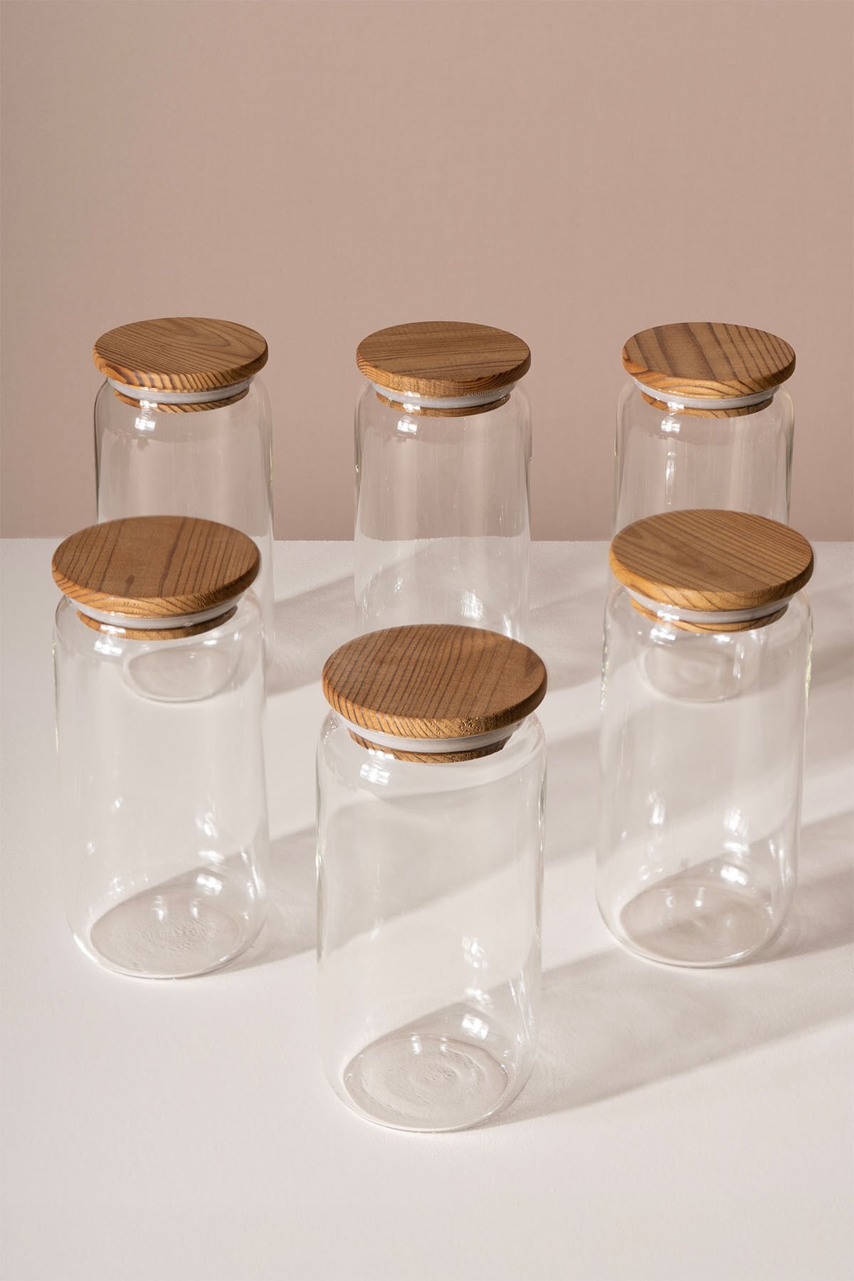 Lizbon - 6'lı Çam Kapaklı Vakumlu Cam Saklama Kabı Baharatlık