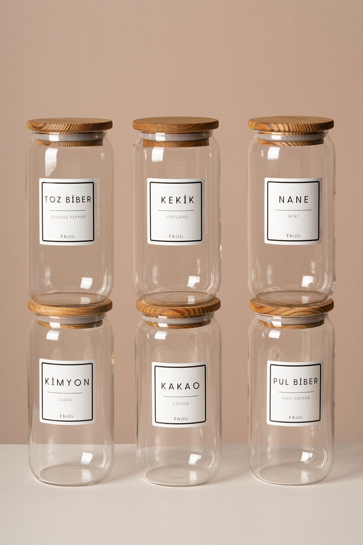 Lizbon - 6'lı Çam Kapaklı Vakumlu Cam Saklama Kabı Baharatlık