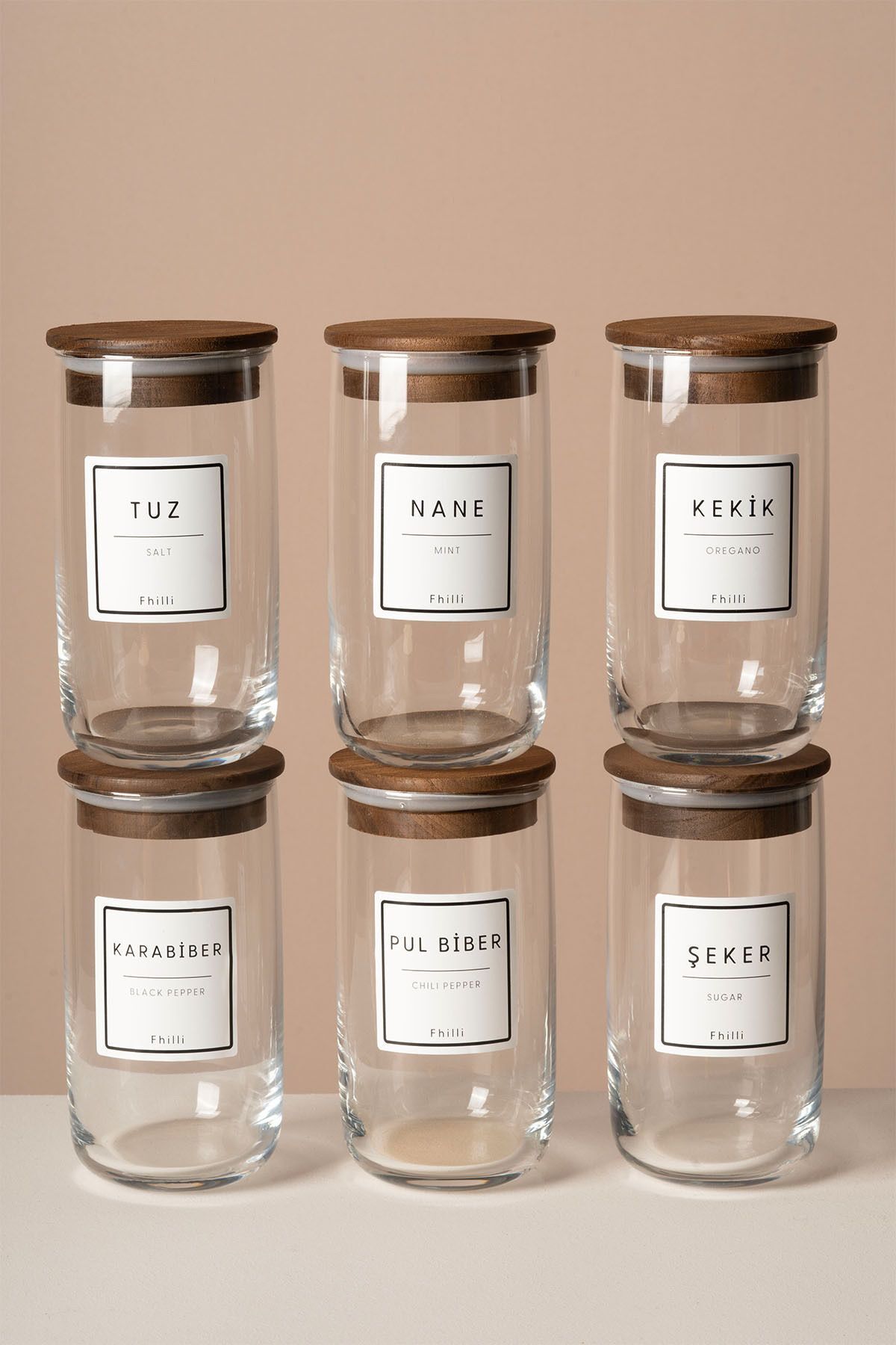 Terra - 6'lı Tulip Ağacı Vakum Kapaklı Etiket Hediyeli Cam Saklama Kabı Baharatlık Seti 365 ml