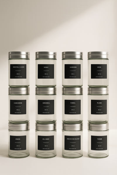 Portland - Metal Kapaklı 12'li Cam Baharat Seti 80 ml Etiket Hediyeli