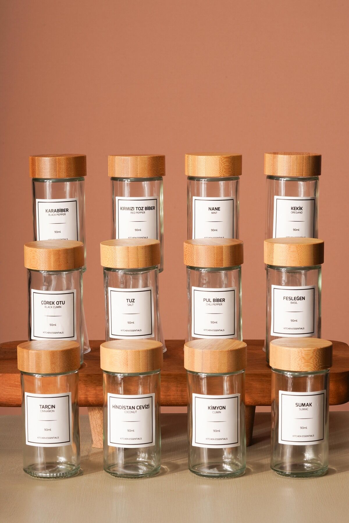 Tokyo - Tohana Bambu Kapaklı 12'Li Cam Yuvarlak Baharatlık 90 ml Etiket Hediyeli