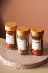 Tokyo - Tohana Bambu Kapaklı 12'Li Cam Yuvarlak Baharatlık 90 ml Etiket Hediyeli