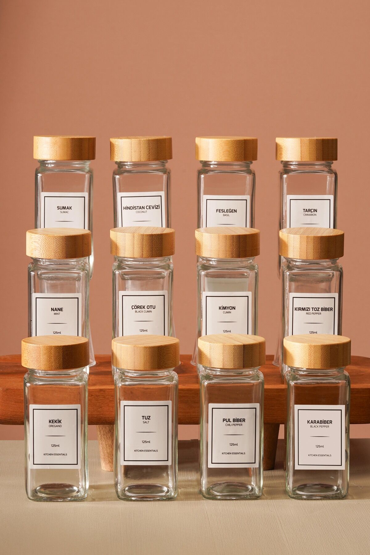 Tokyo - Tohana Bambu Kapaklı 12'Li Cam Kare Baharatlık 125 ml Etiket Hediyeli