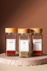 Tokyo - Tohana Bambu Kapaklı 12'Li Cam Kare Baharatlık 125 ml Etiket Hediyeli