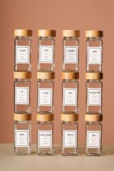 Tokyo - Tohana Bambu Kapaklı 12'Li Cam Kare Baharatlık 125 ml Etiket Hediyeli