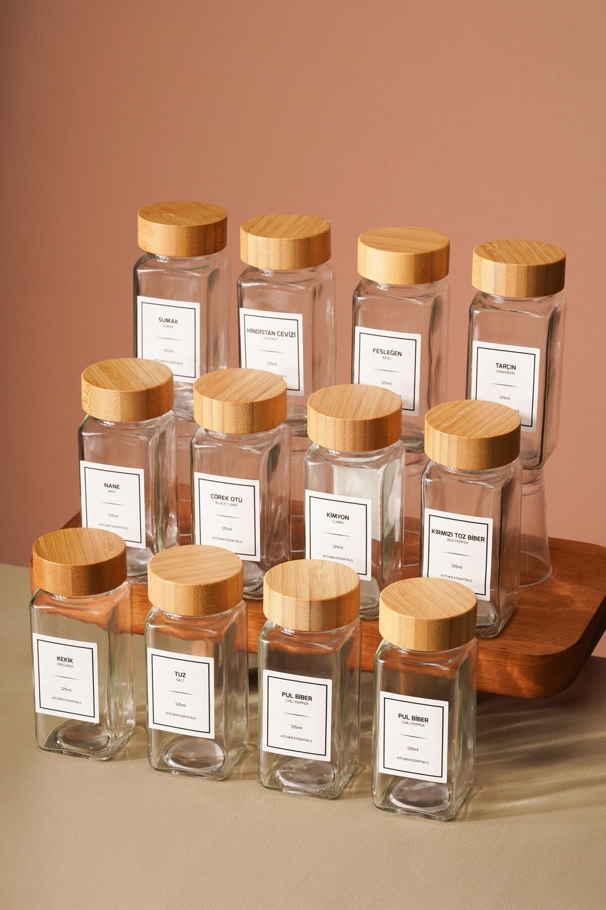 Tokyo - Tohana Bambu Kapaklı 12'Li Cam Kare Baharatlık 125 ml Etiket Hediyeli