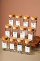 Tokyo - Tohana Bambu Kapaklı 12'Li Cam Kare Baharatlık 125 ml Etiket Hediyeli