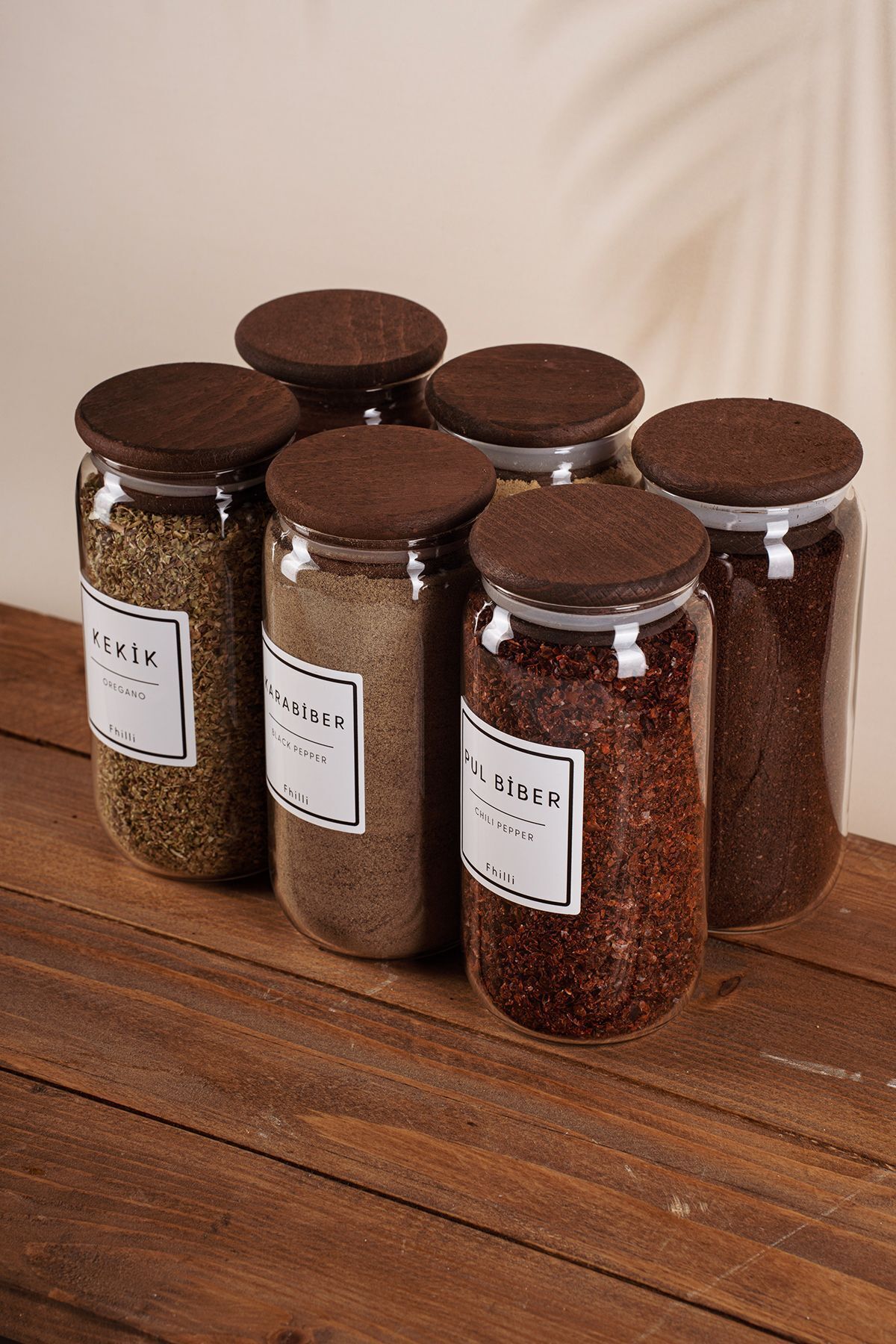 Lizbon - 6'lı Ahşap Kapaklı Vakumlu Cam Saklama Kabı Baharatlık
