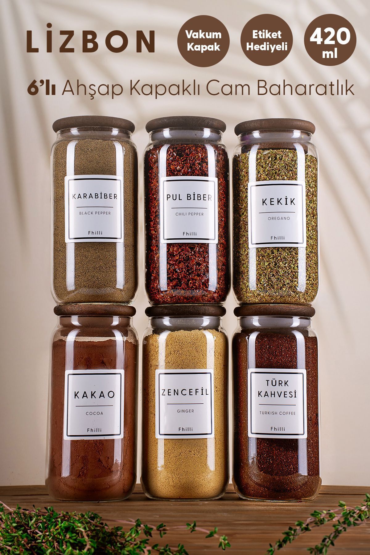 Lizbon - 6'lı Ahşap Kapaklı Vakumlu Cam Saklama Kabı Baharatlık