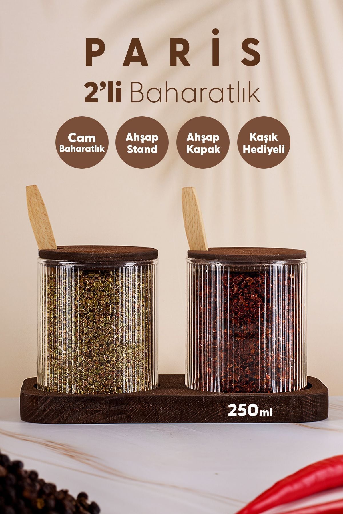 Paris 2'li Kapaklı Kaşık ve Etiket Hediyeli Standlı Cam Baharatlık