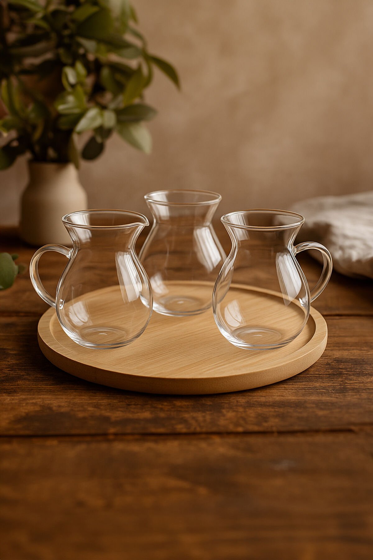 3'lü Borosilikat Cam Tombul Kupa Çay Bardak 200 ml