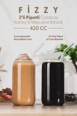 Fizzy 2'li Pipetli Colabox Isıya Dayanıklı Borosilikat Cam Kokteyl ve Meşrubat Bardak 420CC