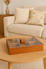 Akasya Ahşap 6 Bölmeli Çerezlik – Pleksi Kapaklı, Kulplu Sunum ve Saklama Kutusu 33,5cm