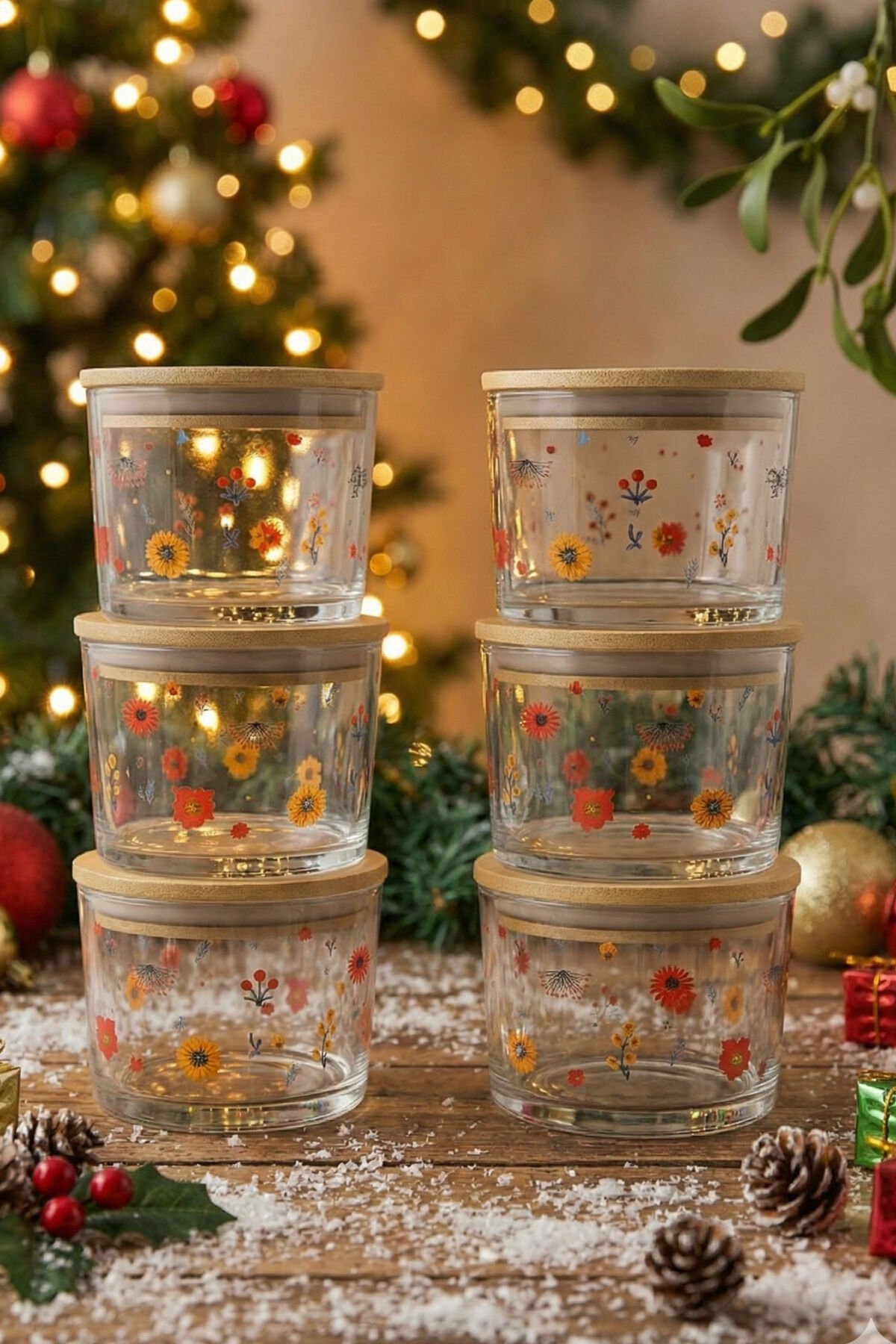 Vetro - 6'lı Bambu Kapaklı Cam Kahvaltılık Kase Çiçek Desenli 220 cc