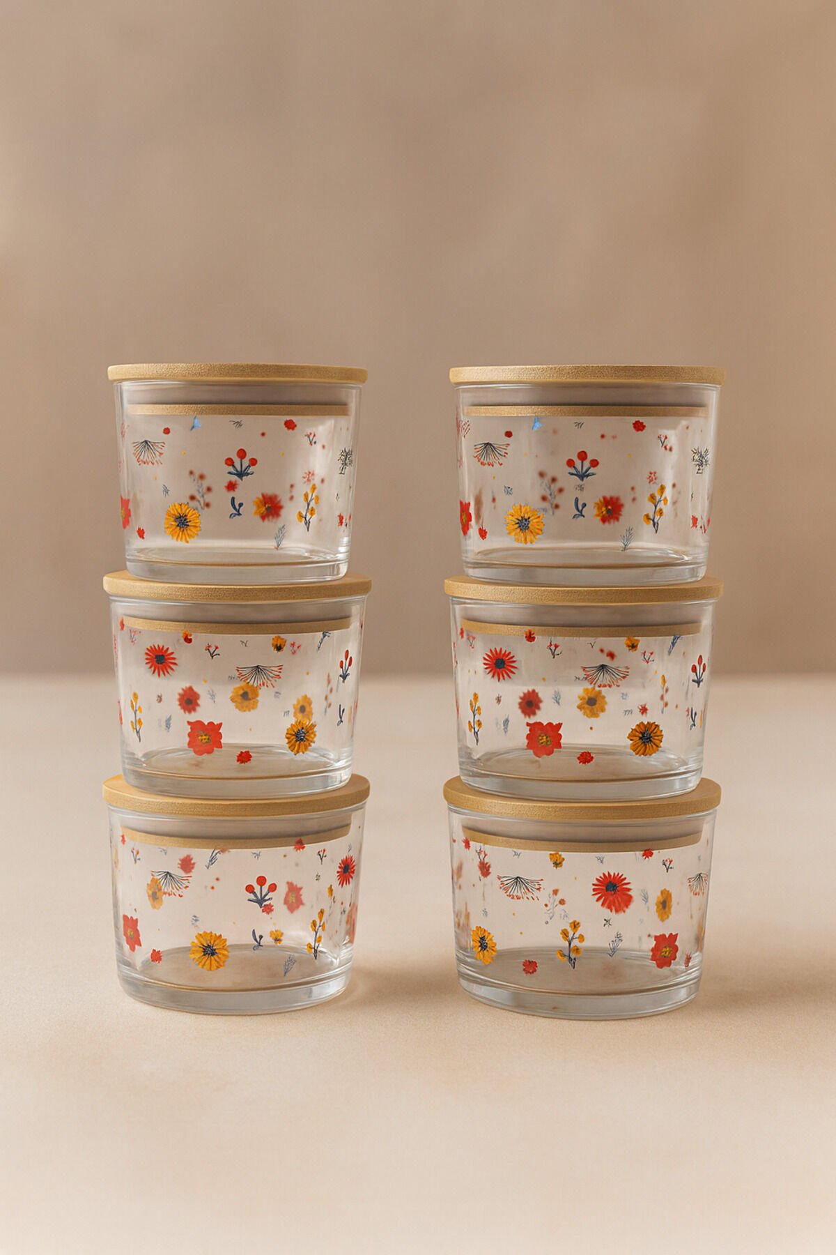 Vetro - 6'lı Bambu Kapaklı Cam Kahvaltılık Kase Çiçek Desenli 220 cc