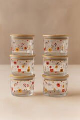 Vetro - 6'lı Bambu Kapaklı Cam Kahvaltılık Kase Çiçek Desenli 220 cc