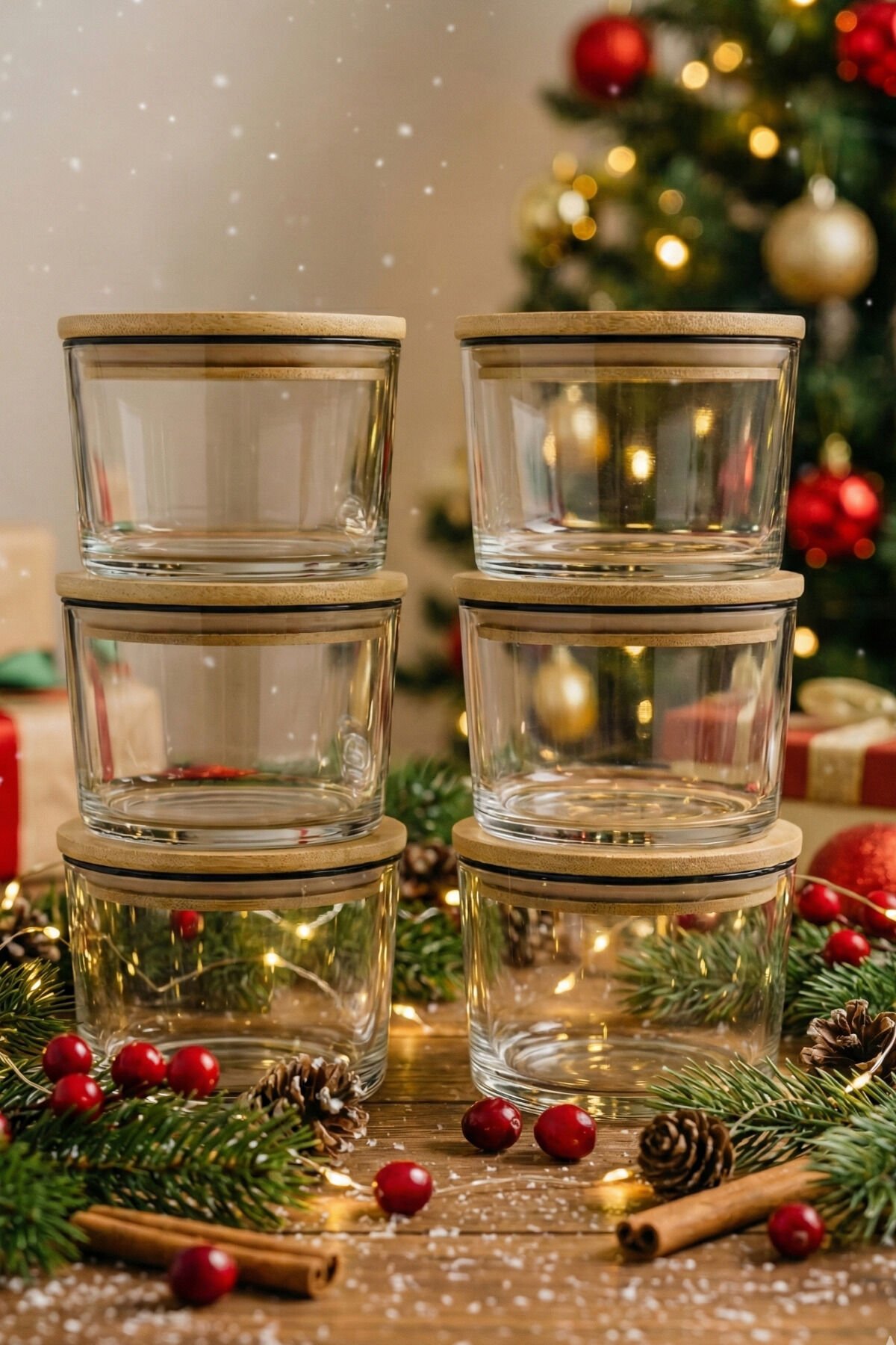 Vetro - 6'lı Bambu Kapaklı Cam Kahvaltılık Kase  Siyah Rim 220 cc