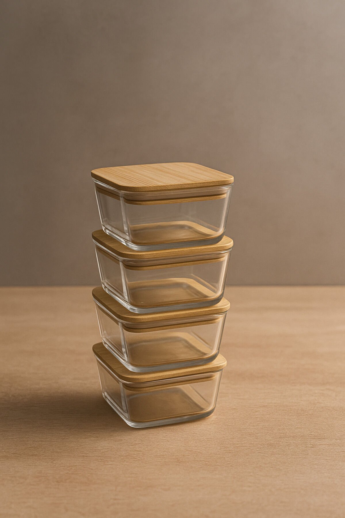 Orion - 4'lü Bambu Kapaklı Vakumlu Cam Kahvaltılık Çerezlik 300 ml Düz