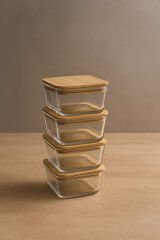 Orion - 4'lü Bambu Kapaklı Vakumlu Cam Kahvaltılık Çerezlik 300 ml Düz