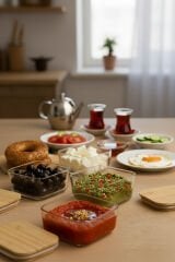 Orion - 4'lü Bambu Kapaklı Vakumlu Cam Kahvaltılık Çerezlik 300 ml Düz