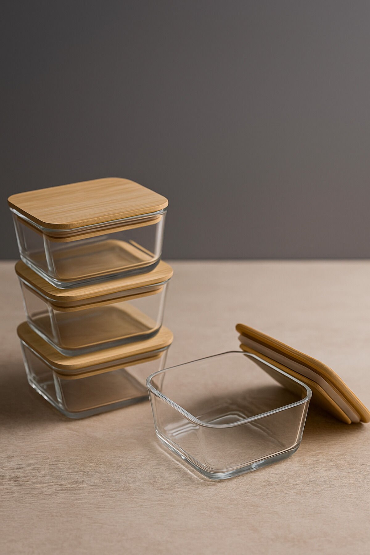 Orion - 4'lü Bambu Kapaklı Vakumlu Cam Kahvaltılık Çerezlik 300 ml Düz