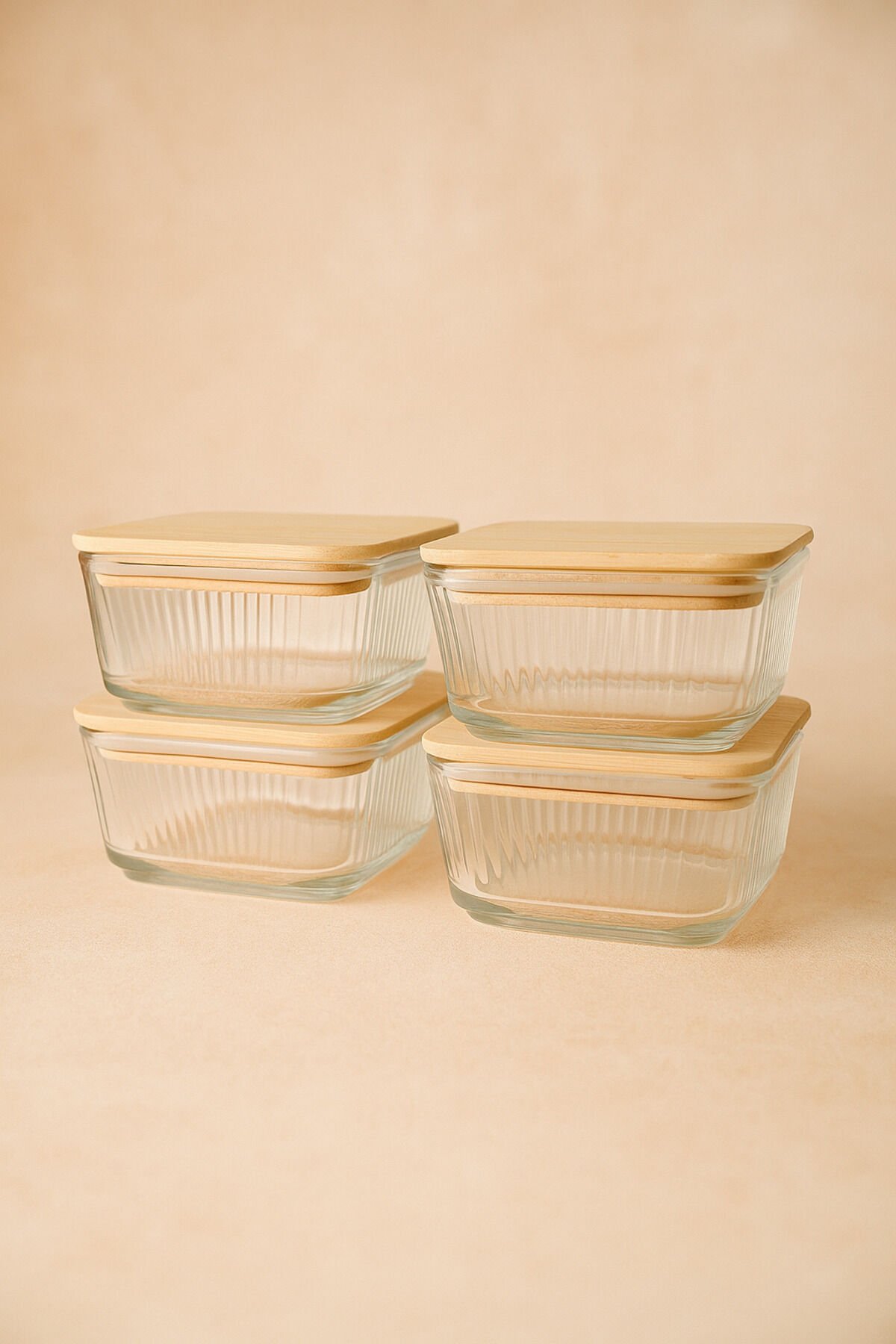 Orion - 4'lü Bambu Kapaklı Vakumlu Cam Kahvaltılık Çerezlik 300 ml Çizgili