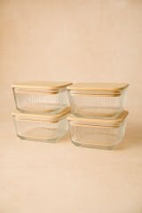 Orion - 4'lü Bambu Kapaklı Vakumlu Cam Kahvaltılık Çerezlik 300 ml Çizgili