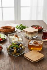 Orion - 4'lü Bambu Kapaklı Vakumlu Cam Kahvaltılık Çerezlik 300 ml Çizgili