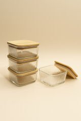 Orion - 4'lü Bambu Kapaklı Vakumlu Cam Kahvaltılık Çerezlik 300 ml Çizgili