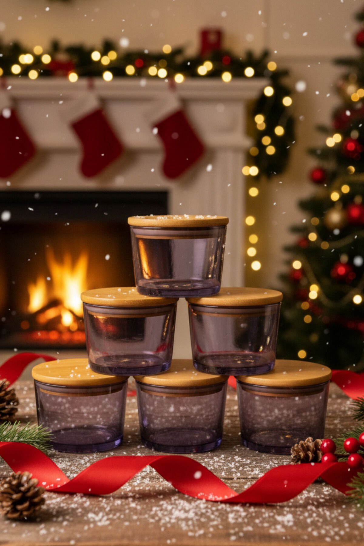 Vetro - 6'lı Bambu Kapaklı Cam Kahvaltılık Kase Mor 220 cc