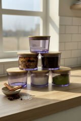 Vetro - 6'lı Bambu Kapaklı Cam Kahvaltılık Kase Mor 220 cc