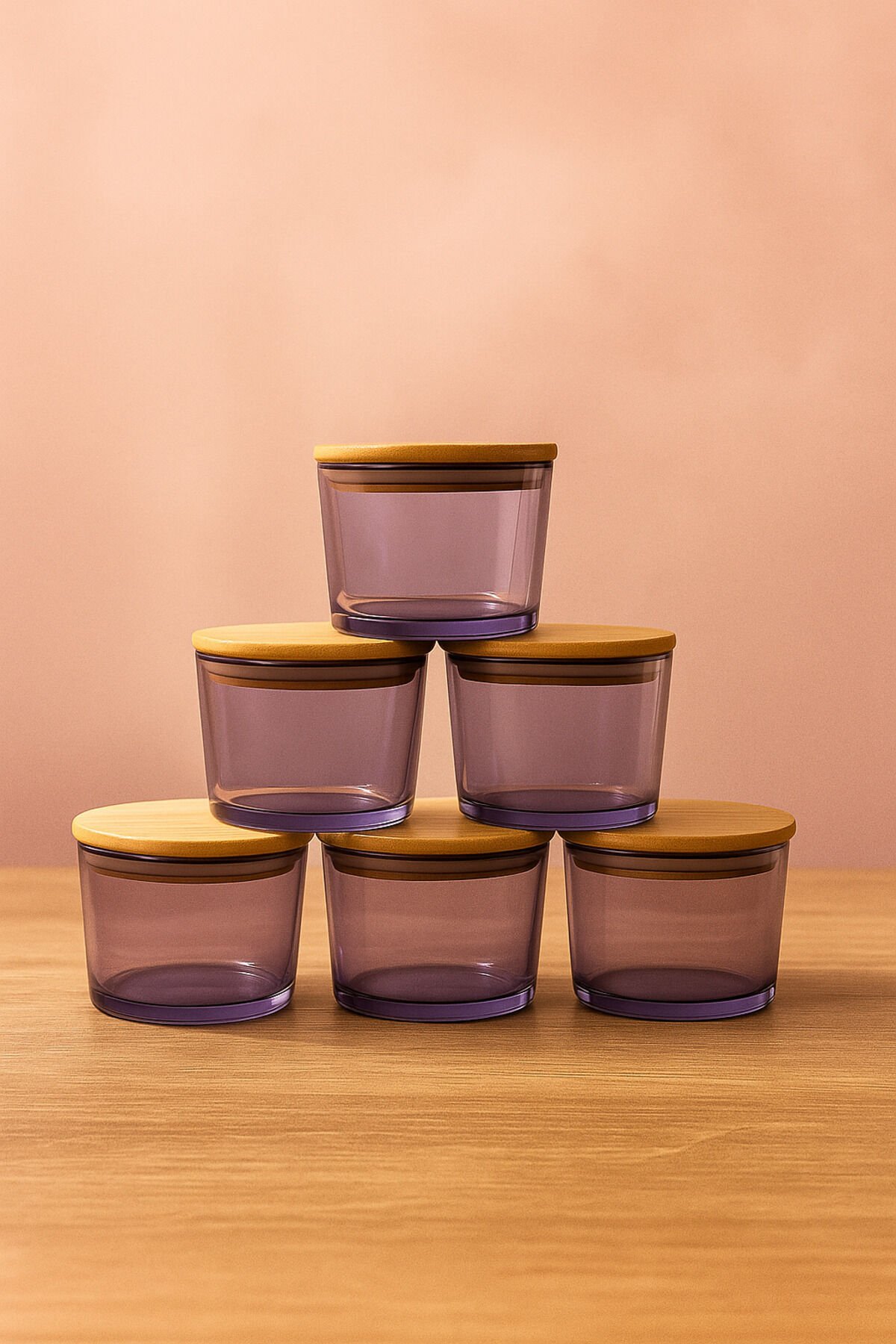Vetro - 6'lı Bambu Kapaklı Cam Kahvaltılık Kase Mor 220 cc