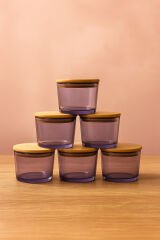 Vetro - 6'lı Bambu Kapaklı Cam Kahvaltılık Kase Mor 220 cc